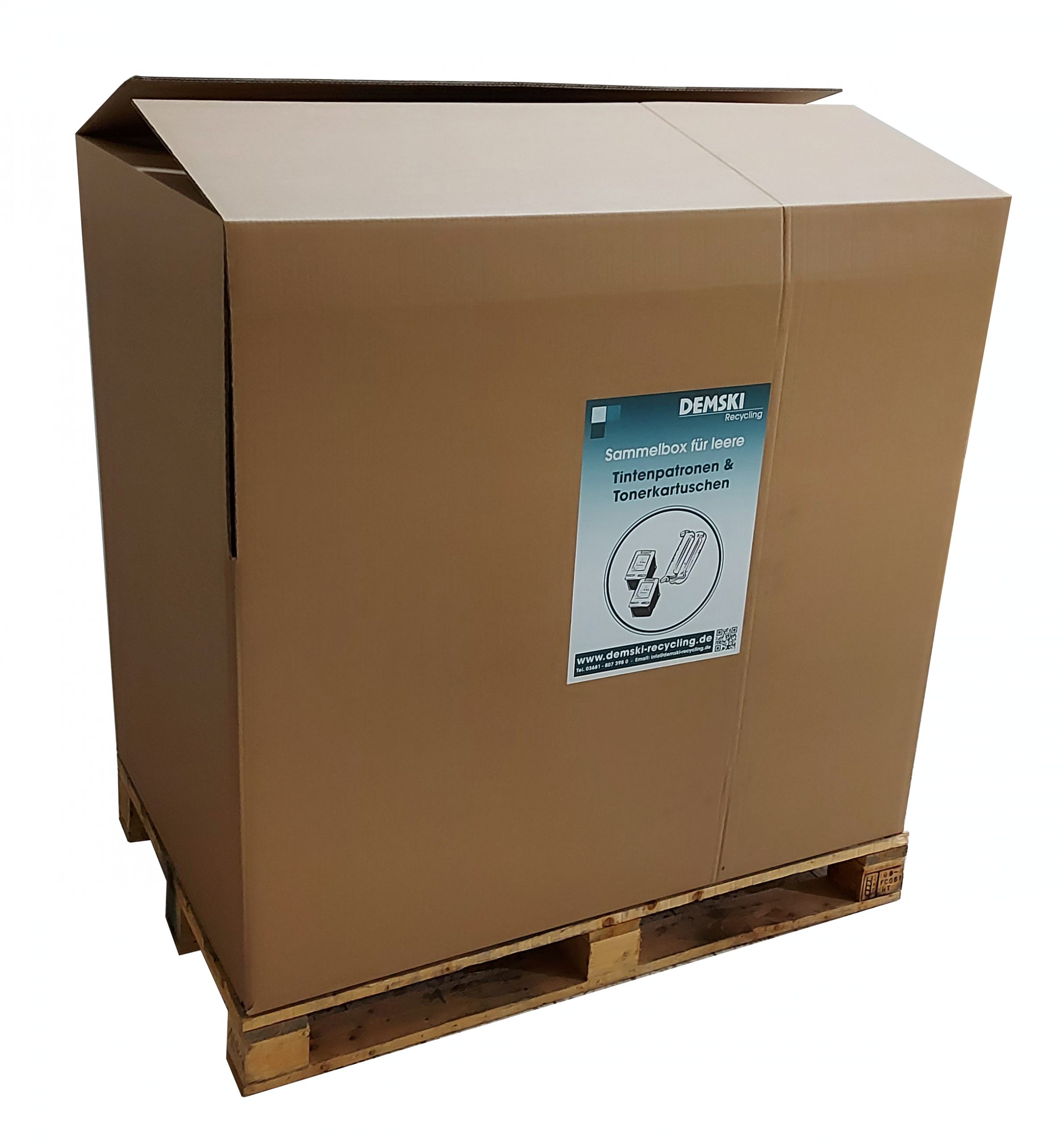 Die Demski Recycling Palettensammelbox für leere Druckerpatronen.